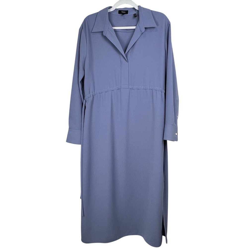 NEW Theory Drawstring Matte Twill Dress Women 6 Blue Midi Long Sleeve - Picture 2 of 13